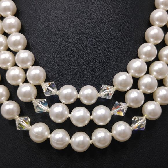 Vintage Japan Pearl Necklace 3 Strand AB Crystals 1950s - Picture 5 of 10